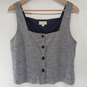 LOFT Linen Blend Button Front Square Neck Boxy Crop Tank Top Blue Size Small